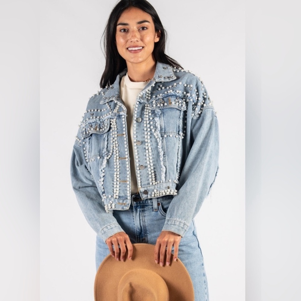 Pearl Embellished Denim Jacket  Oversized Women’s Small/Medium